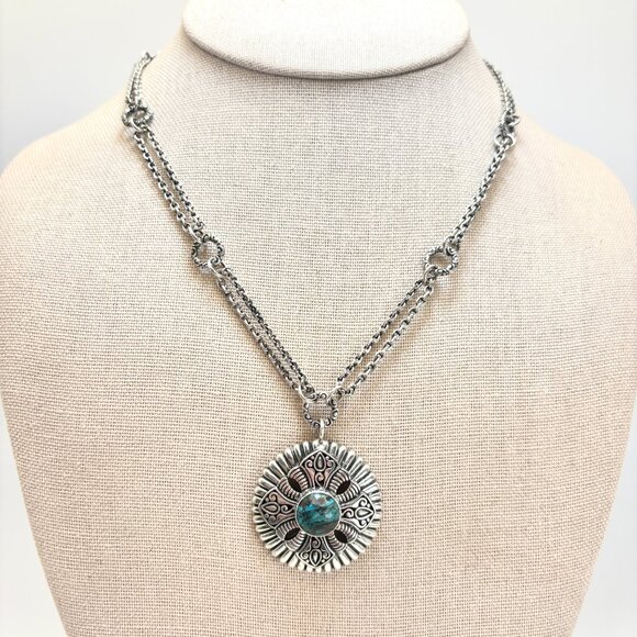 Sterling Silver 925 Turquoise Bezel Set Circle Pendant Necklace Size 18" Length - Picture 1 of 12